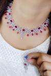 LaaLi NK36 Bridal Maroon American Diamond Necklace Set | Heavy Rhodium Plated Choker with Earrings & Maang Tika | Wedding Jewellery Set for Women