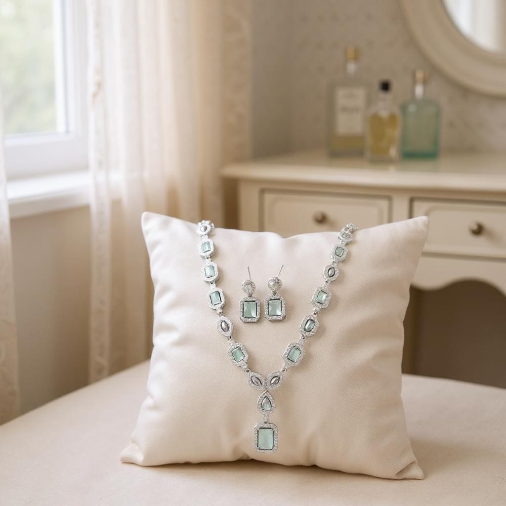 LaaLi NK43 Light Green American Diamond Necklace Set | Rhodium Plated Bridal Jewellery for Women | Elegant Statement Choker with Earrings