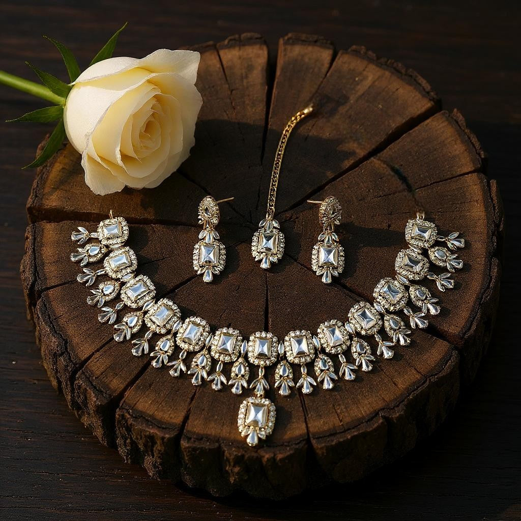 LaaLi NK44 White American Diamond Necklace Set | Rhodium Plated Bridal Jewellery for Women | Elegant Statement Choker with Earrings