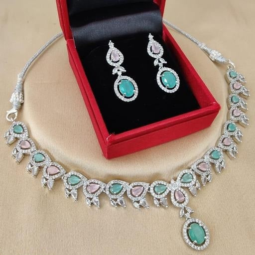 LaaLi NK4 Elegant Mint Green & White American Diamond Necklace Set – Silver-Plated Designer Bridal & Occasion Wear Jewelry